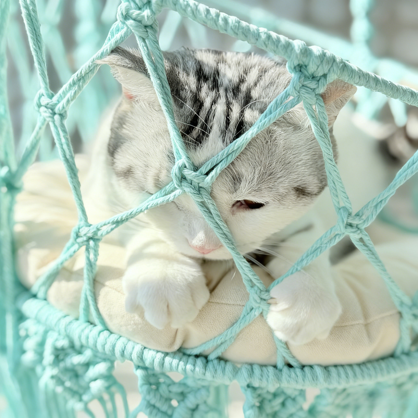 Handmade Macramé Cat Hammock, Baby Blue Hanging Cat Bed, Boho Cat Furniture, Cotton Rope Cat Swing for Indoor Cats
