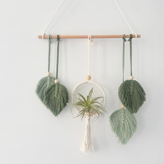 Handmade Macrame Leaf Wall Hanging with Air Plant Holder Boho Home Decor Greenery Display for Dried Flowers or Mini Planters